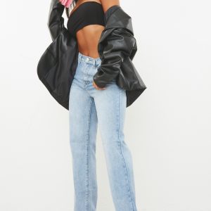 Light Blue Wash Ripped Split Hem Straight Leg Jeans