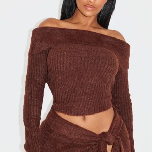 Shape Brown Fold Over Rib Knit Top