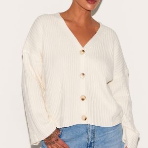 Plus Cream Knit Rib Button Cardigan