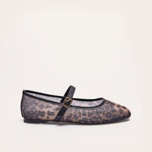 Leopard Mesh Round Toe Buckle Flat Ballet Pumps