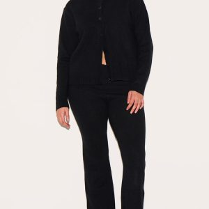 Plus Black Melange Soft Knit Foldover Waist Flared Trousers