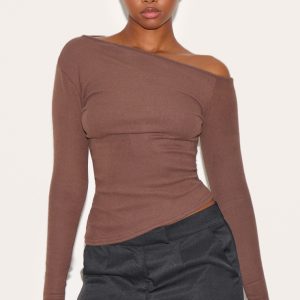 Chocolate Soft Touch Rib Asymmetric Long Sleeve Top