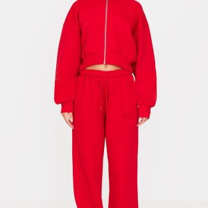 PRETTYLITTLETHING Red Borg Graphic Wide Leg Joggers