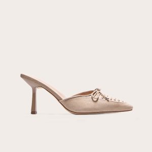 Beige Faux Suede Wide Fit Pointed Toe Lace Up Heeled Mules