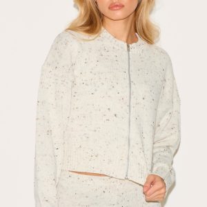 Cream Space Dye Knitted Zip Up Cardigan