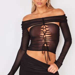 Black Mesh Lace Up Long Top