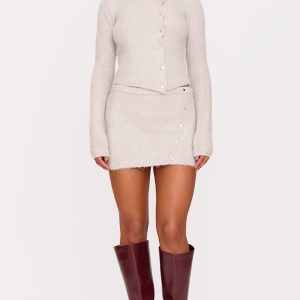 Grey Soft Knit Asymmetric Popper Detail Mini Skirt