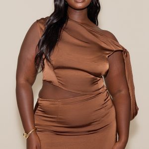 Plus Chocolate Tie Shoulder Satin Top