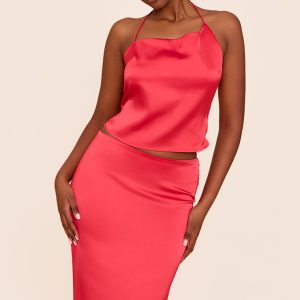 Tomato Red Satin Halterneck Crop Top