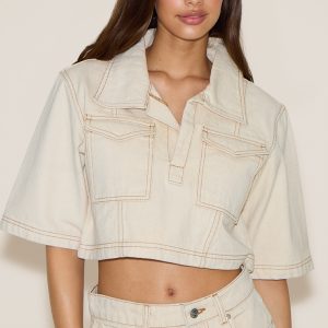 Ecru Contrast Stitched Cropped Denim Shirt