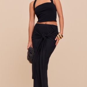 Black Double Layer Burnout Mesh Wrap Front Maxi Skirt