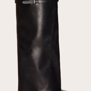 Black Matte PU Point Toe Fold Over Knee High Block Heeled Boots