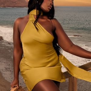 Plus Lime Satin Scarf Detail Bodycon Dress