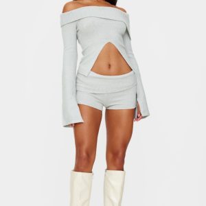 Light Grey Textured Knit Foldover Shorts