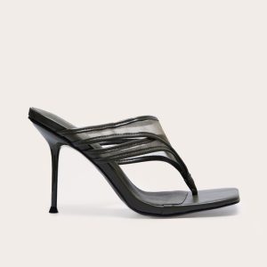 Wide Fit Olive Square Toe Double Mesh Thong Stiletto Heeled Mules
