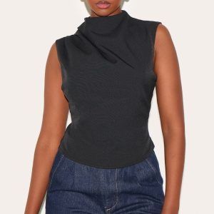 Black Woven Ruched High Neck Top