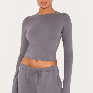 Charcoal Cotton Long Sleeve Crew Neck Top