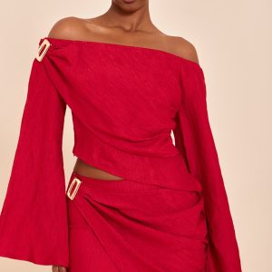 Tomato Red Textured Gold Detail Bardot Long Sleeve Top