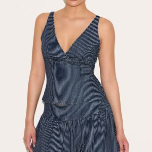 Navy Pinstripe Denim Puffball Mini Skirt