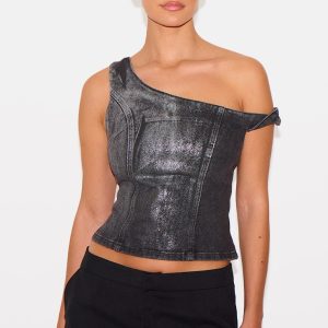 Black Silver Metallic Foil Effect One Shoulder Denim Top