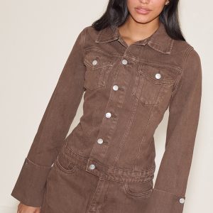 Brown Turn Up Cuff Cinched Back Denim Jacket