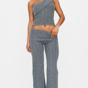Charcoal Marl Textured Knit Foldover Wide Leg Trousers