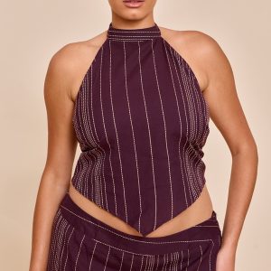 Plus Brown Stripe Embroidered Halterneck Top