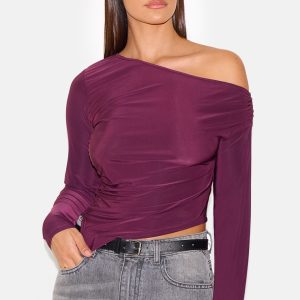 Plum Soft Touch Asymmetric Ruched Long Sleeve Top
