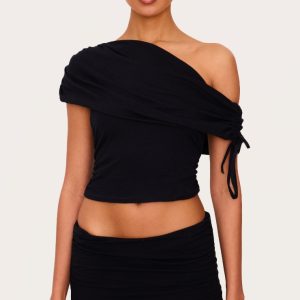 Black Ruched Side Off The Shoulder Top