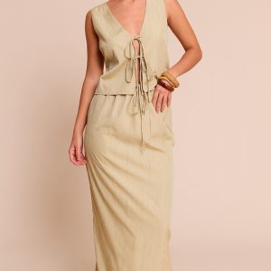 Clay Textured Tie Waist Detail Maxi Skirt