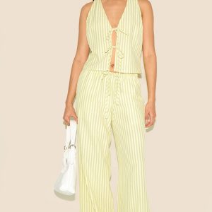 Lime Green Striped Tie Waist Straight Leg Trouser