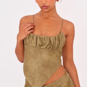Premium Olive Washed Faux Leather Ruched Bust Curve Hem Top