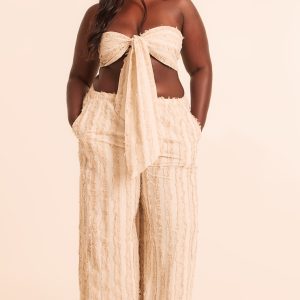 Plus Stone Frayed Linen Look Wide Leg Beach Trousers