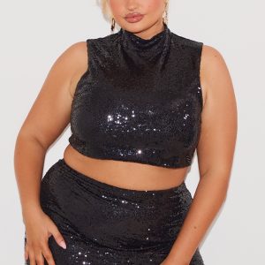 Plus Black Sequin High Neck Crop Top