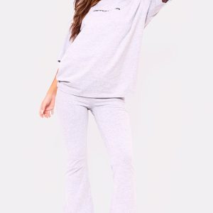 PRETTYLITTLETHING Ash Grey Print Flared Trouser