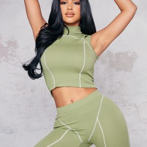 Petite Khaki Seam Detail High Neck Crop Top