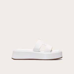 White Pu Strap Round Toe Flatform Sandals