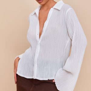 White Chiffon Plisse Sheer Shirt