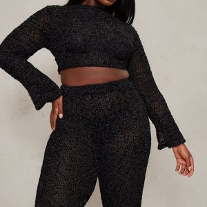 Plus Black Bobble Glitter Knit Tie Back Top