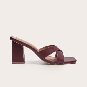 Burgundy Pu Cross Strap Block Heeled Mules