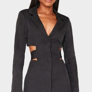 Black Woven Cut Out Tie Back Blazer Dress