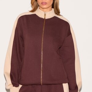 Chocolate Oversized Colour Block Zip Through Sweatshirt