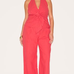 Plus Red Linen Pintuck Trouser
