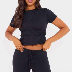 Black Cotton Ruched Detail Top