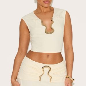 Shape Cream Linen Look Gold Wave Trim Crop Top