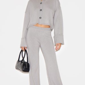 Grey Turn Up Hem Knit Trousers