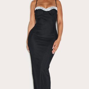 Shape Black Mesh Corseted Lace Cup Detail Maxi Dress