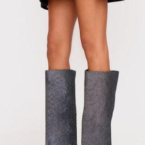 Gunmetal Diamante Point Toe Fold Over Wedged Knee High Boots