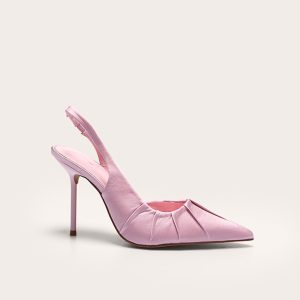 Primrose Pink Satin Point Toe Ruched Sling Back High Stiletto Heeled Courts
