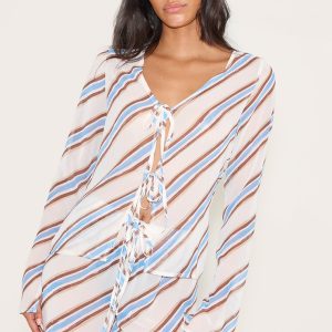 Blue Stripe Tie Detail Floaty Long Top